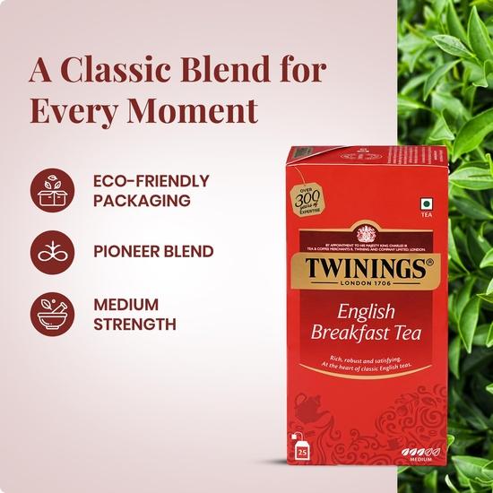 Twinings English Breakfast Tea, 25 čajových sáčků | Balení 1 ks | Anglická klasická řada | Prémiový černý čaj | Střední síla