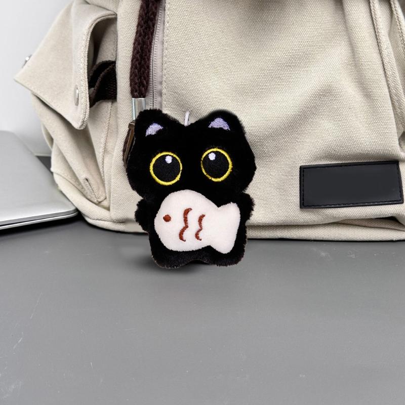 Adorable Plush Black Kitten Keychain With Bells And Fish Toy Christmas Tree Ornament Gift For Kids Birthday Decorations