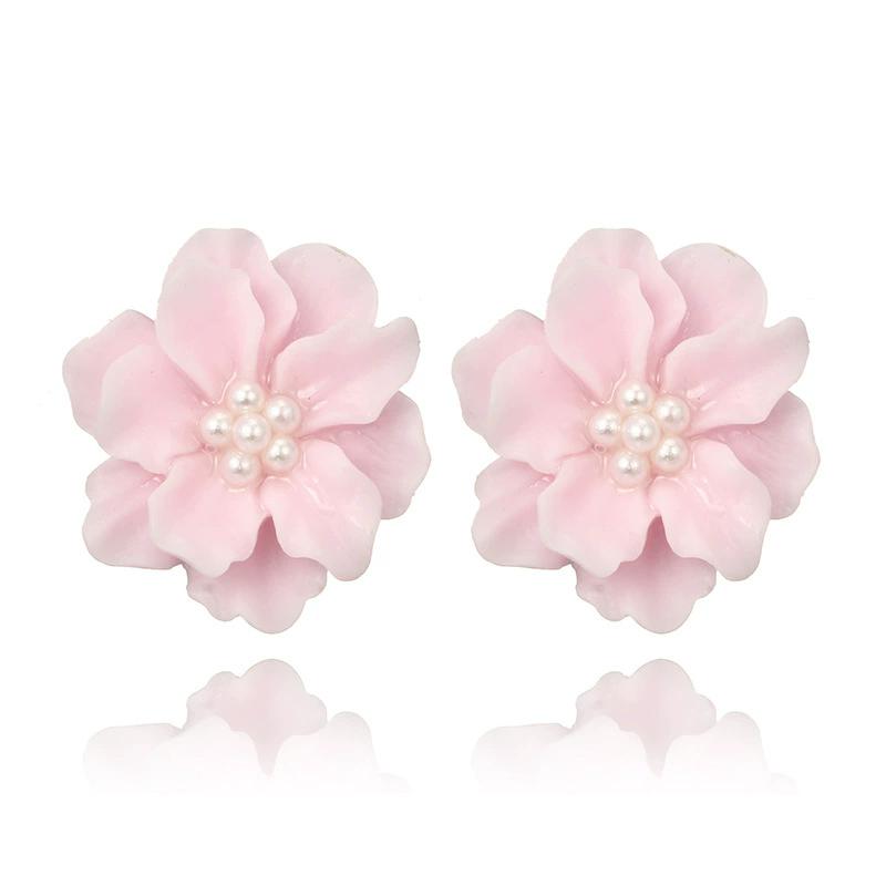 Double Layer Petal Imitation Pearl Flower Stud Earrings for Women Wedding Party White Pink Yellow Acrylic Ear Jewelry