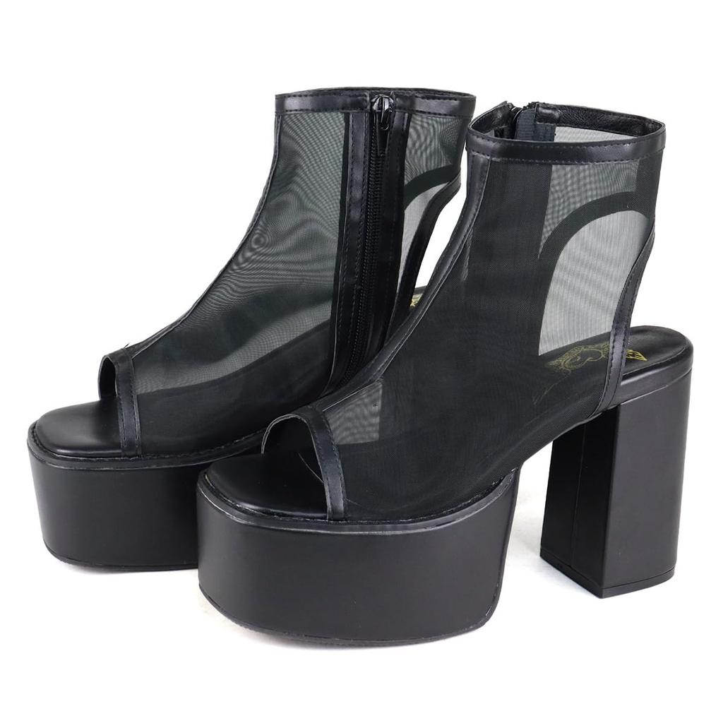 Love Hunter 1590 Damen Sandalen mit durchsichtigem Tüll und Plateauabsatz, 10,5 cm Absatz, eckige Zehenpartie, Schwarz, Klein, Größe 2E