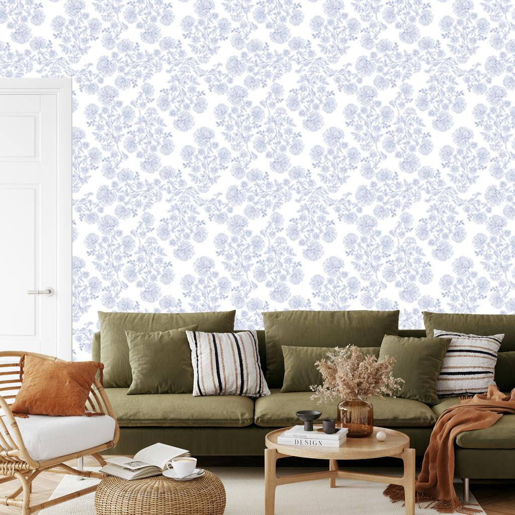 Wallpaper Flowers White, Light Gray and Blue for Living Room and Bedroom 50x1000