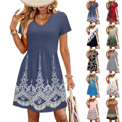 Modna damska sukienka z nadrukiem, dekoltem w serek, krótkim rękawem, luźna, casualowa, na plażę, na wakacje