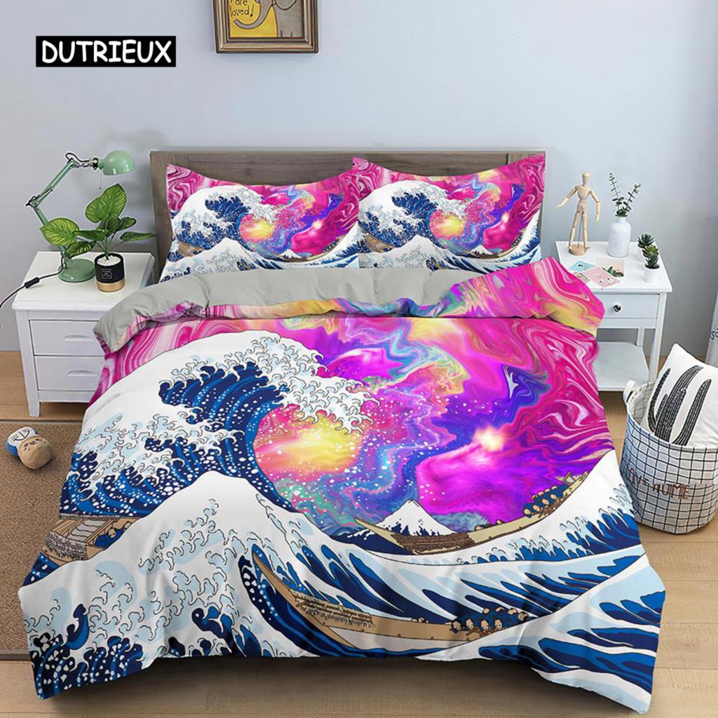 Wave Duvet Cover Set for Kids Teens Adult King Size Abstract Blue Ocean Comforter Cover Waves Sailing Moon Polyester Bedding Set