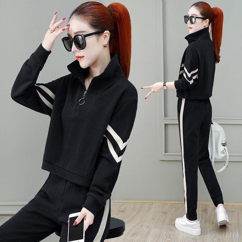 Spring and Autumn Plus Size Sportswear Women's Suit Was Thin and Long-sleeved Zipper Sweatershirt + Harlan Trousers 2-piece Suit