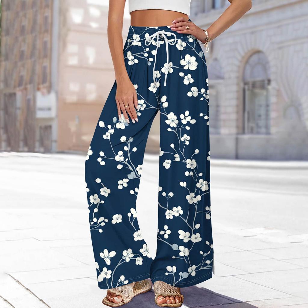 Women's Printed Wide Leg Pants With Pockets High Waist Drawstring Loose Casual Pants