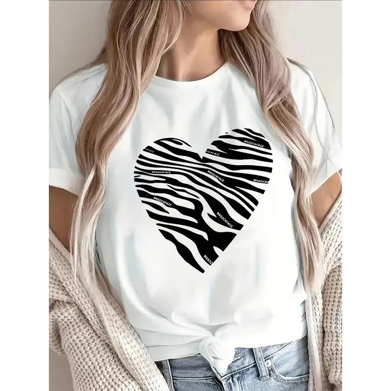 Zebra Herz Muster Polyester Kurzarm T-Shirt für Damen, Leicht und Langlebig, Perfekt für Freizeitkleidung zu Hause, im Café,
