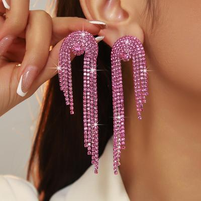 Klassische Rosenrote Glänzende Kristall Lange Fransenohrringe