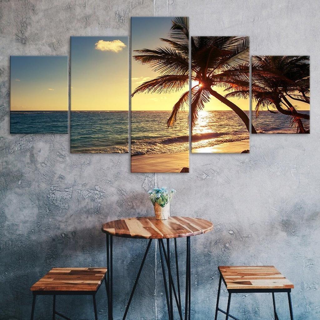 Sunset Beach Coconut Tree Canvas 5 Piece Five Panel Print Modern Wall Art Poster Picture Home Decor Gift For Him For Her