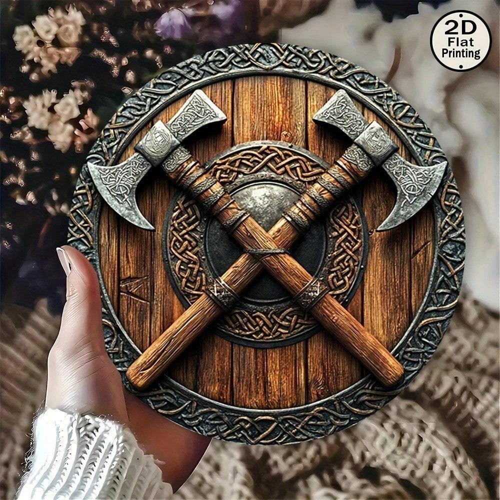 TOTNTUR 8 Inch Vintage Viking Crossed Axes Metal Wall Sign Aluminum Art Home Bar Cafe Decor