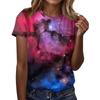 Camiseta feminina casual solta estampada gola redonda pulôver manga curta top