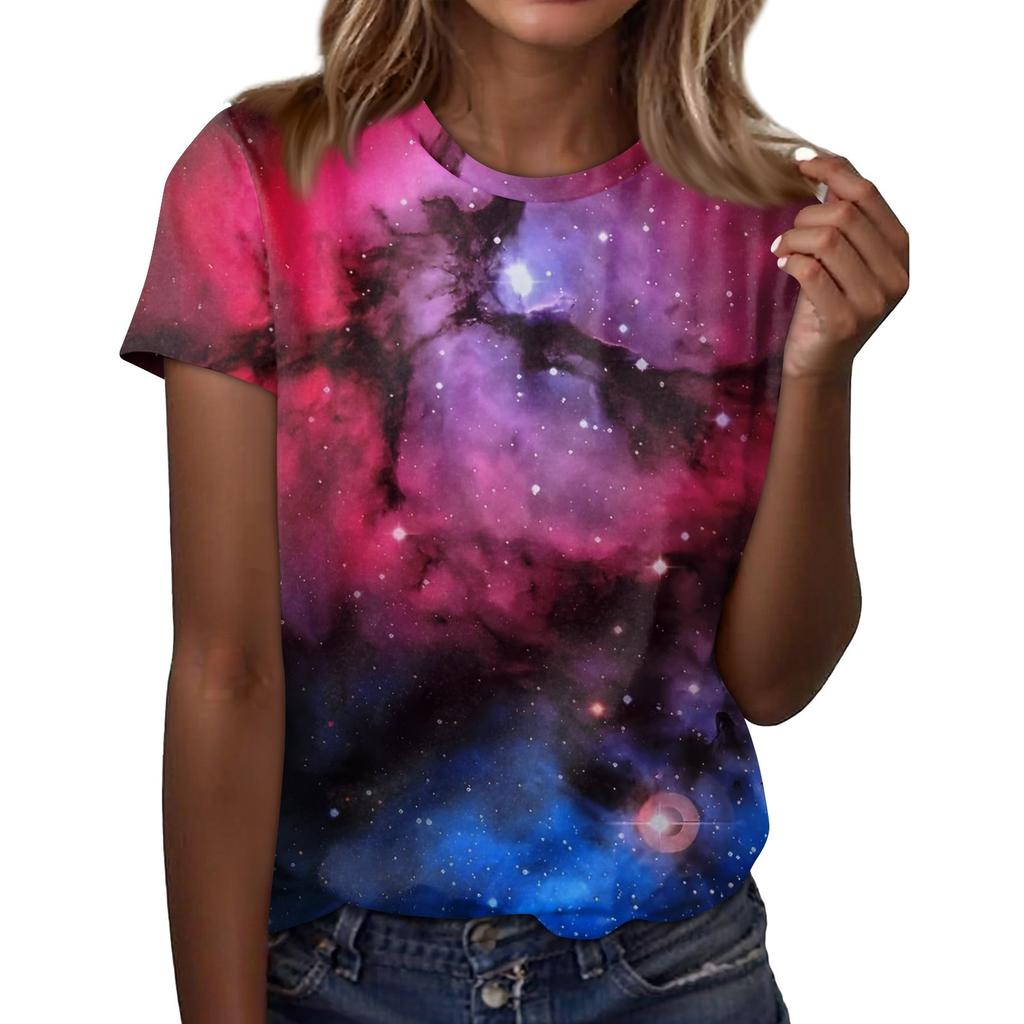 Camiseta feminina casual solta estampada gola redonda pulôver manga curta top