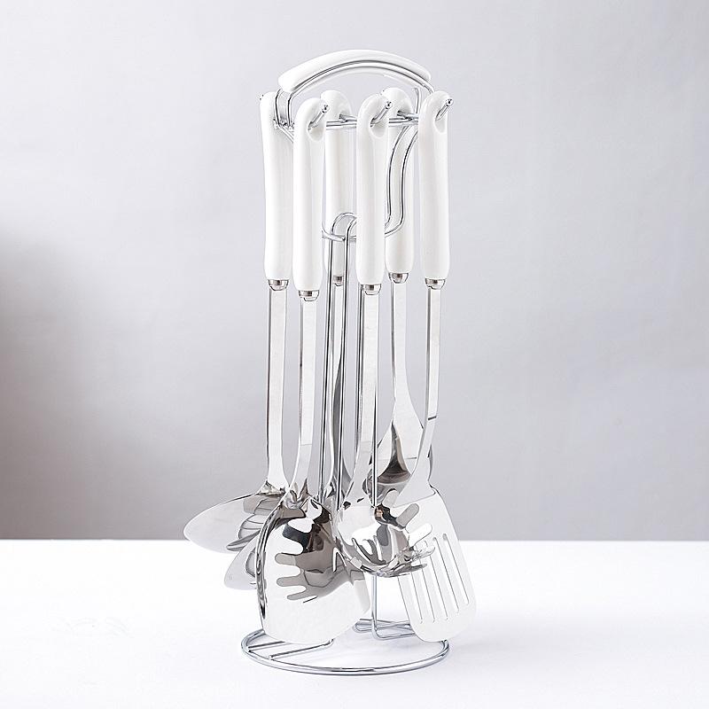 7Pcs Ceramic Handle Stainless Steel Cookware Set Soup Ladle Frying Spatula Colander Spoon Kitchen Accessories Cooking Tools