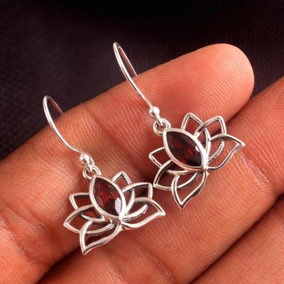 Garnet Gemstone Lotus Earring 925 Sterling Silver January Birthstone Jewelry Handmade Dangle Earring