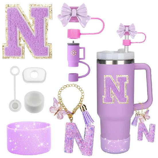 8PCS Accessories Set for Stanley Cup Purple 30oz 40oz Tumbler Silicone Straw Topper Cover Cap Boot Handle Charm Initials Sticker Cup Holders 5