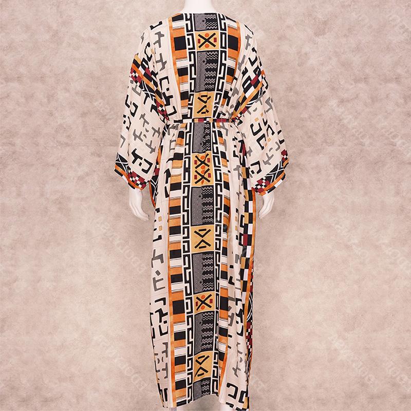 EDOLYNSA 2023 Boho Printed Bikini Cover-ups Elegant Self Belted Kimono Dress Tunic Women Plus Size Beach Wear Swim Suit Cover Up Q1228