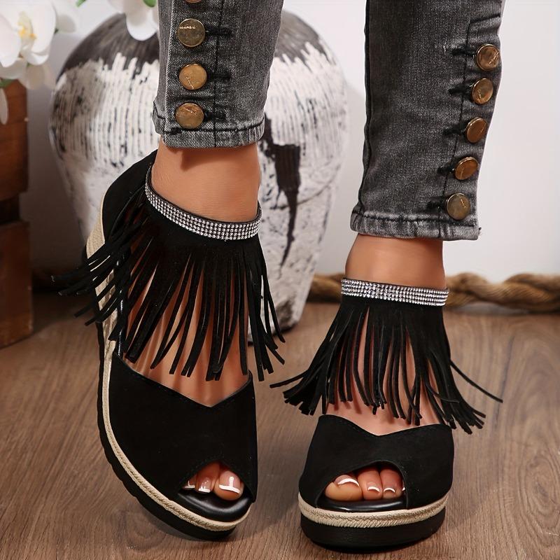 Women's Rhinestone-Embellished Wedge Sandals with Tassel Detail - Open-Toe Platform Heel, Faux Cover Upper & Sole, Thick Cushioned Sole