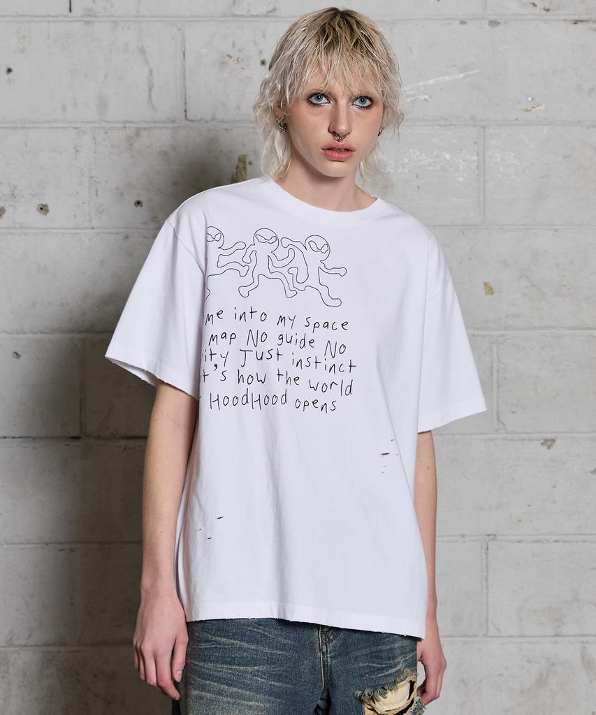 HOODHOOD Three Alien Damaged Short Sleeve T-Shirt White Ver. 2