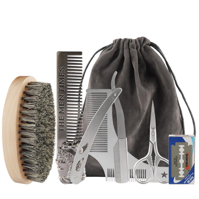 Men's 6-Piece Beard Grooming Kit: Boar Bristle Brush, Iron Alloy Comb, Razor, and Cloth Bag.