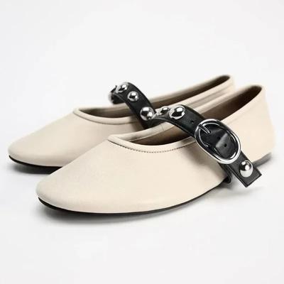 Fashion Ballet Flats for Ladies 2025 Spring Rivet Design Buckle Strap Soft Leather Women Footwear Light Comfortable Leisure Female Shoes