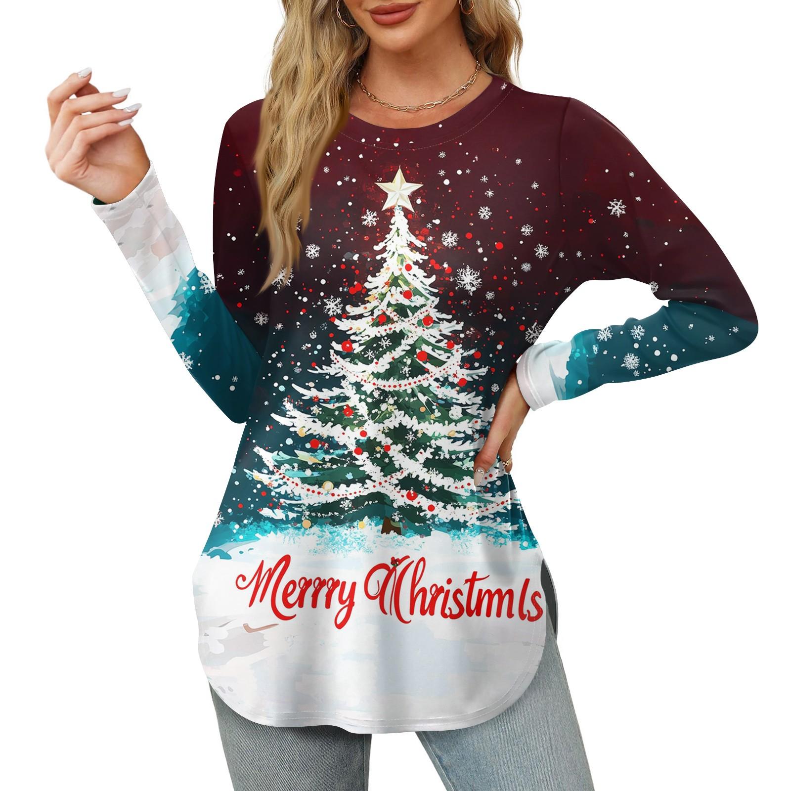 

Женские рубашки с длинным рукавом и круглым вырезом, боковые разрезы, свободные повседневные рубашки с рождественским принтом M белый