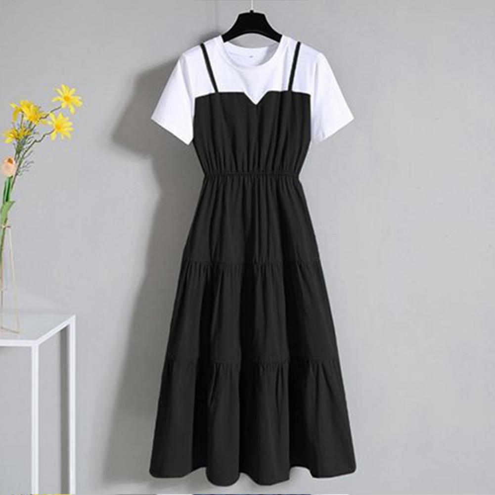 Strap Fake Two Piece Dress Block Summer Short Sleeved Dress Women's Waist Tight Dress
