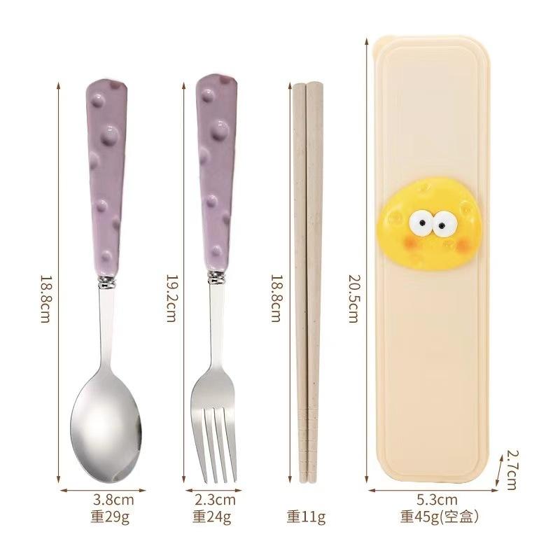 Stainless steel chopsticks spoon fork three-piece set cartoon cheese love student picnic portable tableware set