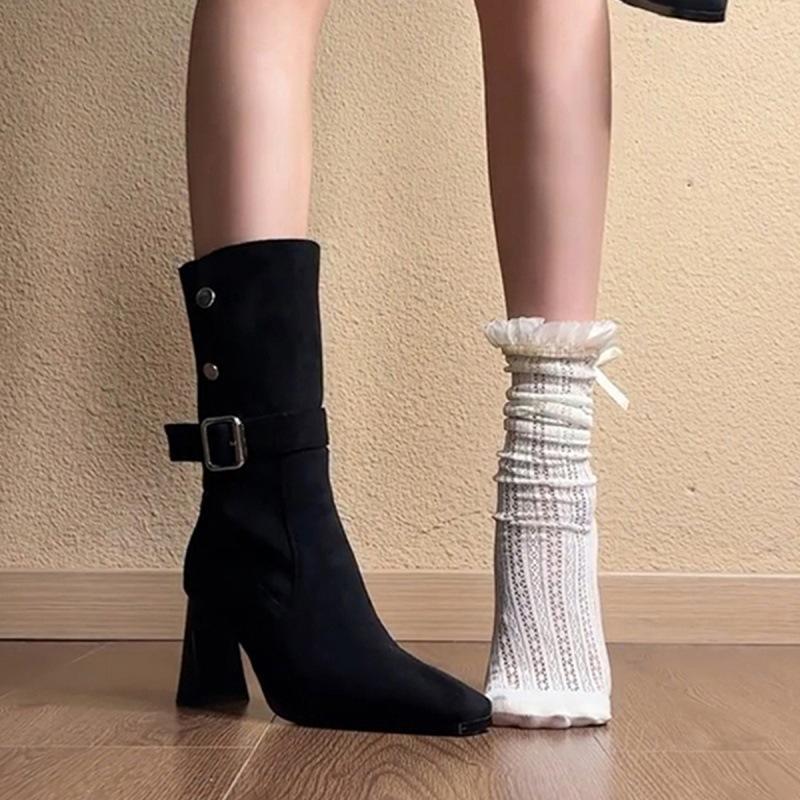 

Soft Leather Version~ Versatile Buckle Suede Skinny Knight Boots Women s Retro Belt Buckle High Heel Square Head Western Boots 40 чёрный