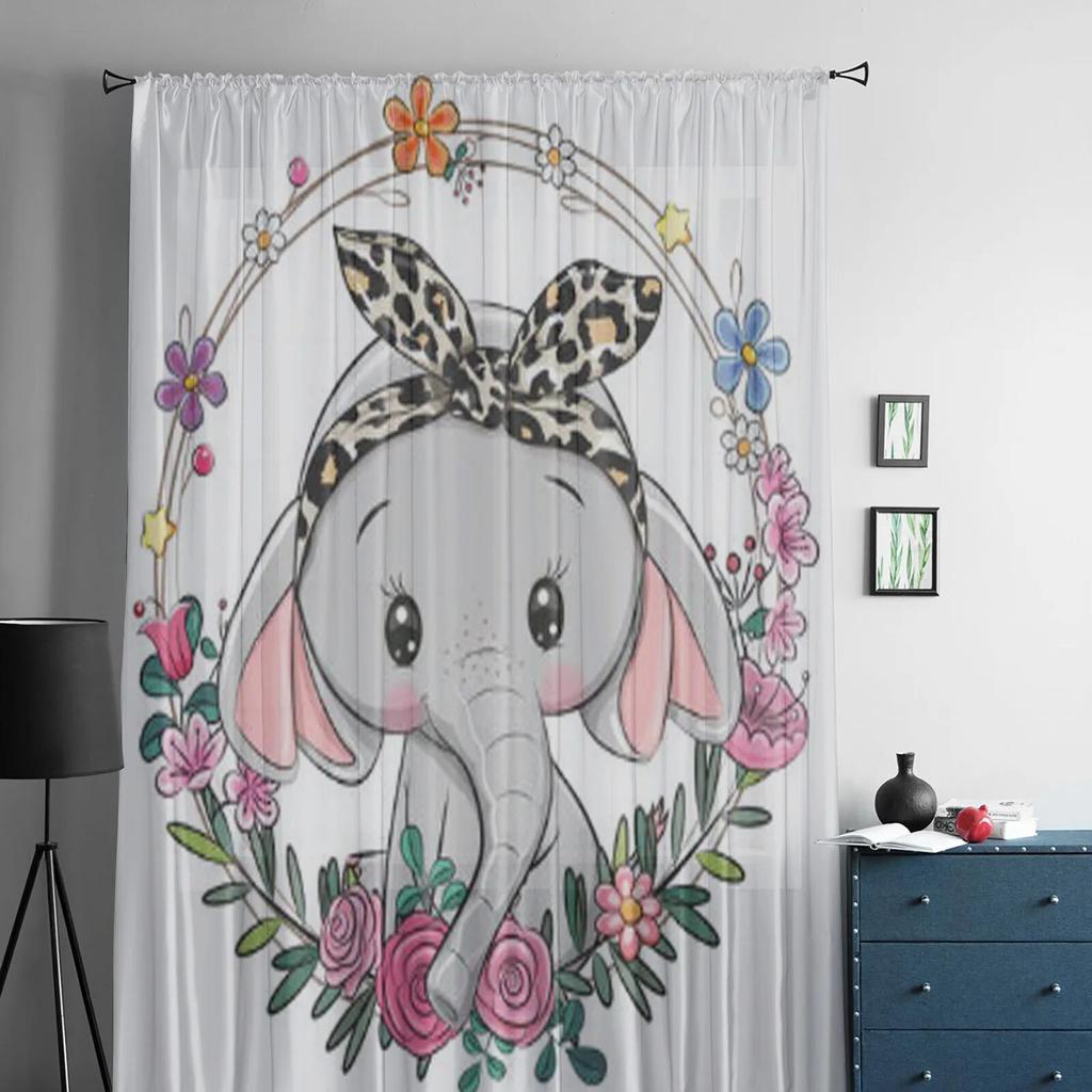 Cute Elephant With A Floral Wreath Tulle Curtain For Living Room Sheer Valance Curtain For Kitchen Bedroom Window Drapes