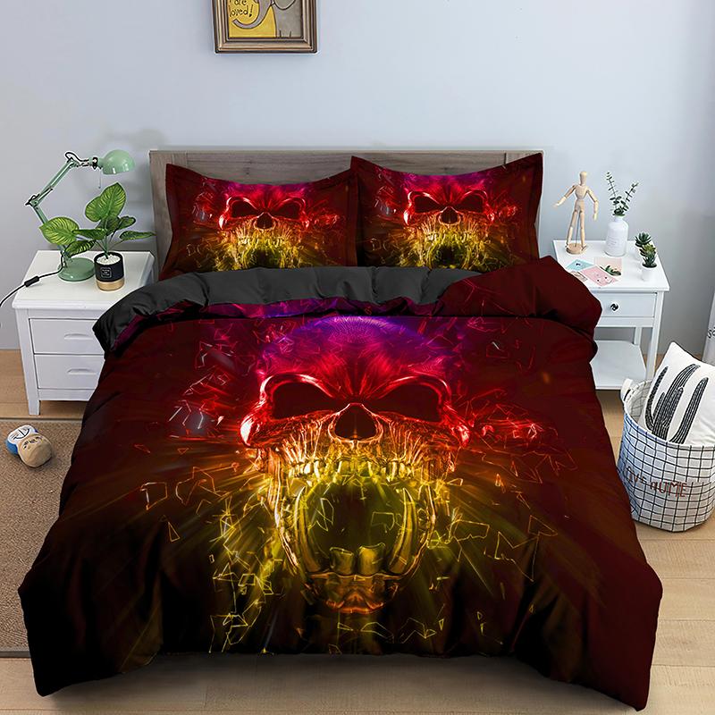 Skjelett Skull Sengesett 2 /3stk Queen /King Size Dynetrekk Sett Sengetøy Putetrekk Dynesett Hjemmetekstil