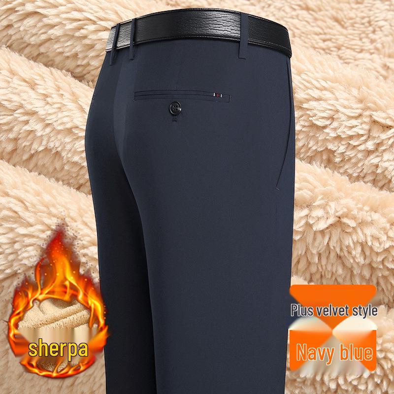 Men's Slim-Fit Business Suit Pants, Fleece-Lined Straight-Leg for Middle-Aged & Elderly, Autumn 2024 Collection.