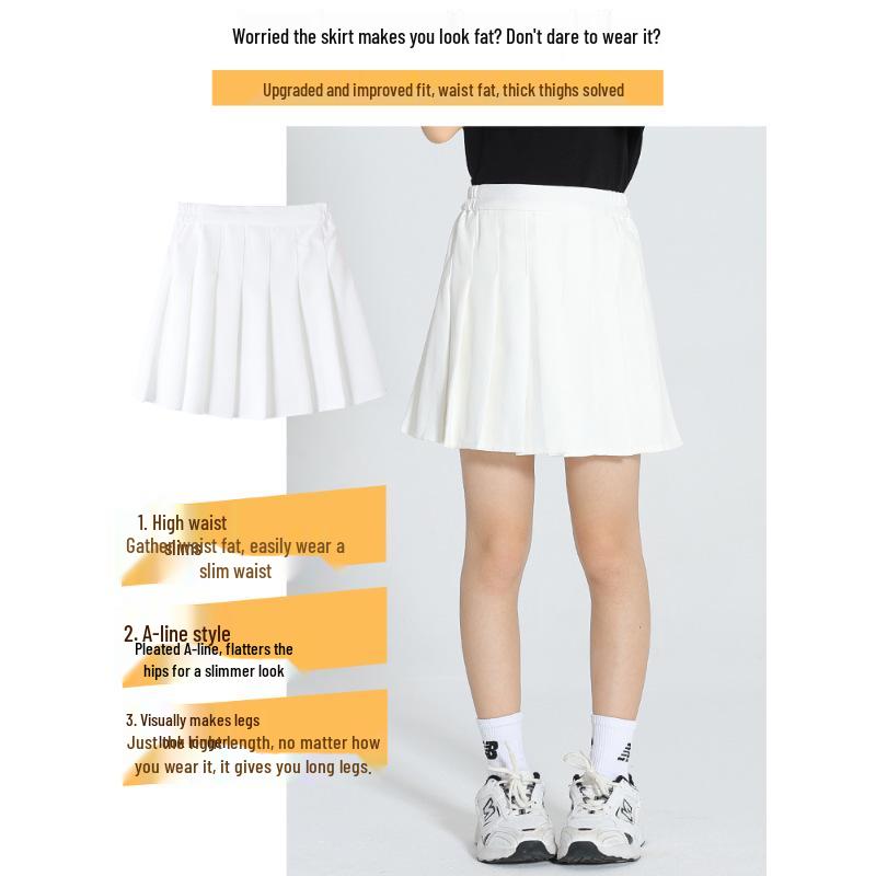 Dívčí preppy bílá plisovaná tenisová sukně - korejský styl, letní sportovní oblečení pro větší děti