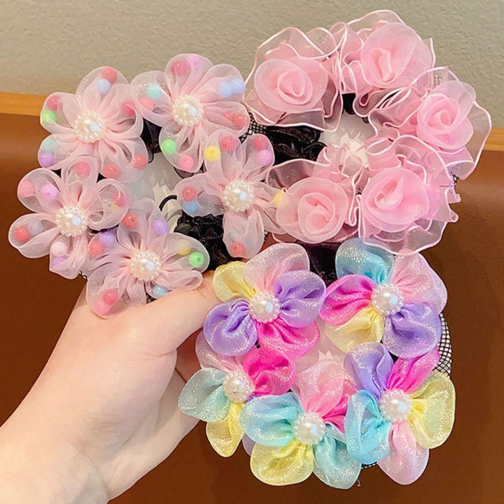 Rainbow Flower Hair Net Mesh Ballet Bun Snood Cute Children Bun Net  Party