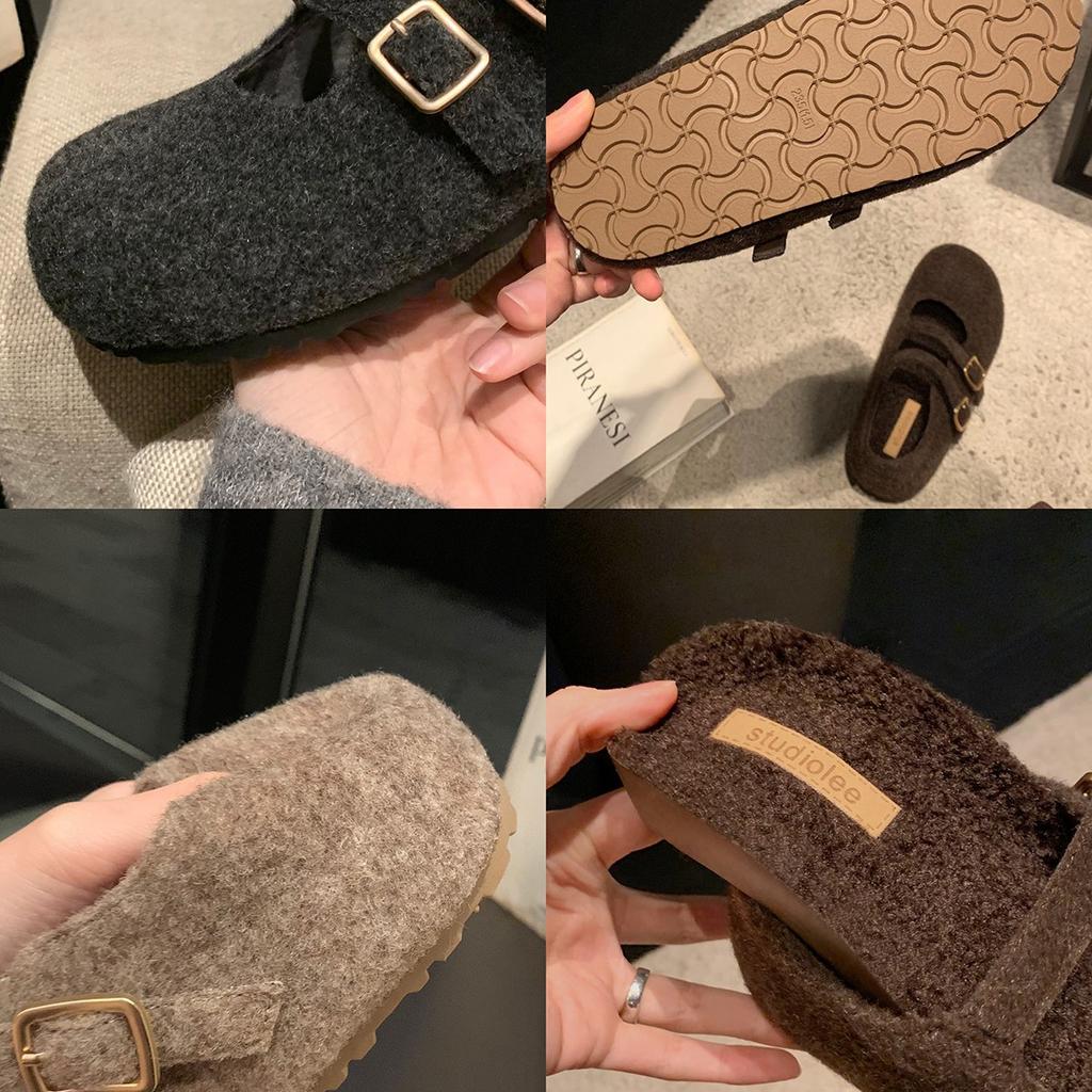 Fan Gui ~ Height Increase 3.5cm ~ Round Toe Double Buckle Birkenstock Wool Mary Jane Wool Single Shoe Girl