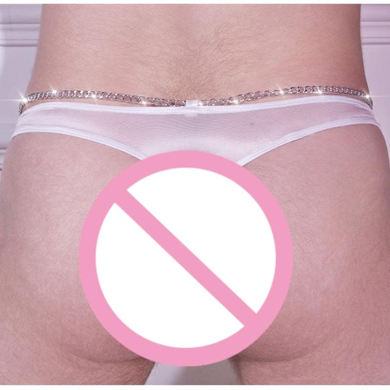 Metal Chian Oil Glossy T-Back Thong G-String Mens Sexy Low Rise Lingerie Underwear Ultra-Thin U Convex Breathable Smooth Panties