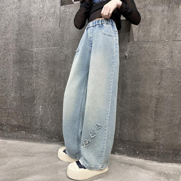 

Девочки Джинсы Весна и Осень Детские Брюки Прямые Широкие Брюки Свободные Длинные Брюки 170