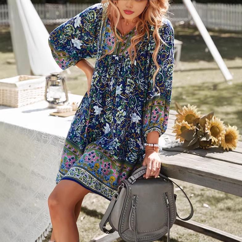 Women's Long Sleeve V-Neck Lace-Up Bohemian Print Dress