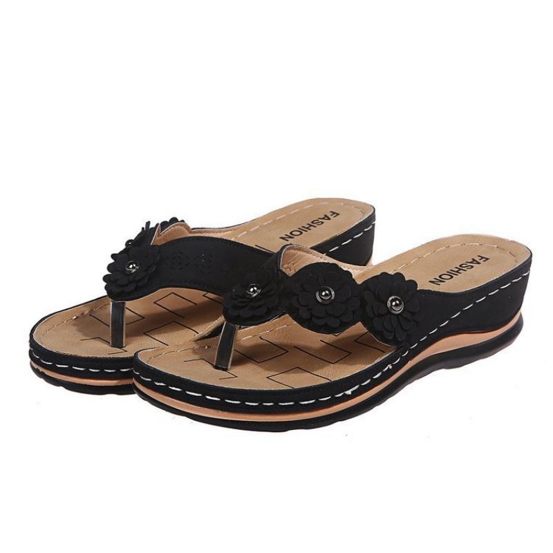 Summer style herringbone wedge solid color casual flower slippers women's large size