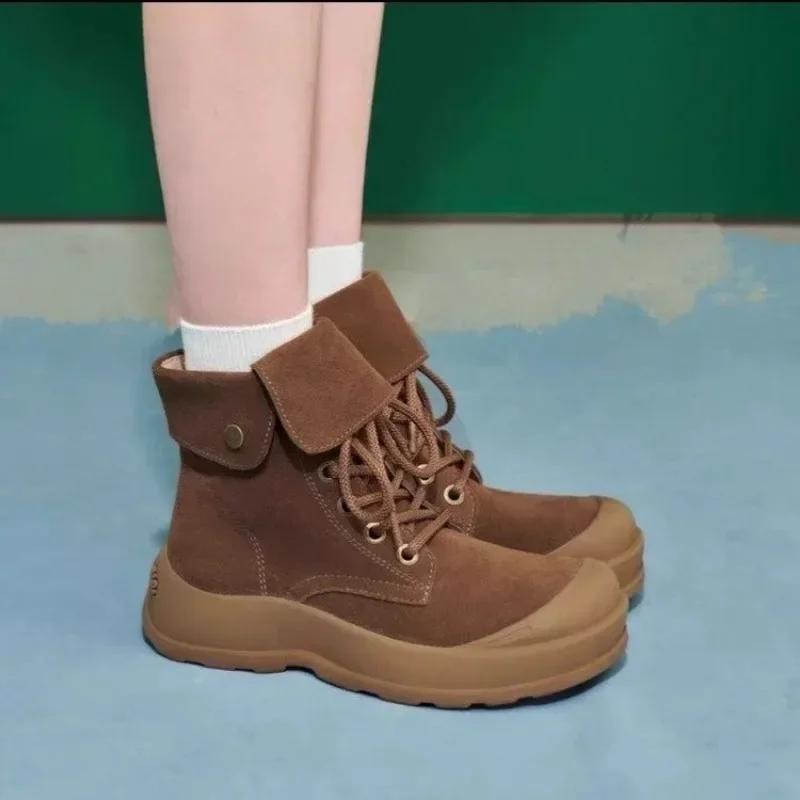 2024 Shoes Female Lace Up Women Boots Winter Round Toe Suede Solid Short Barrel Low Heels Female Boots Zapatos De Mujer