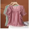 Elegant and Fashionable Lace Hem Chiffon Short Sleeve Blouse with Square Neck for Women's Summer Top