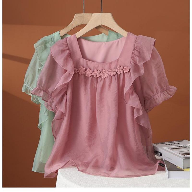 Elegant and Fashionable Lace Hem Chiffon Short Sleeve Blouse with Square Neck for Women's Summer Top