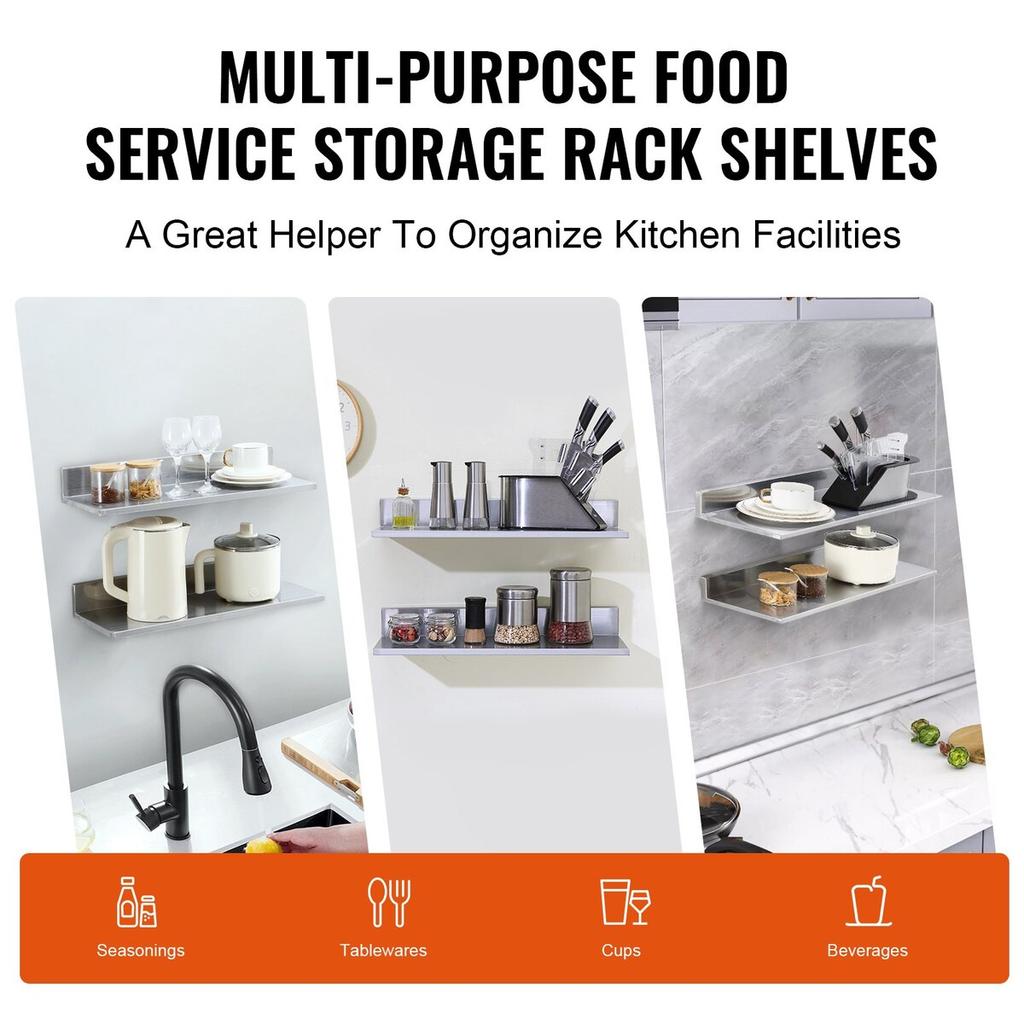 8.6" X 24" Stainless Steel Shelf, Wall Mounted Floating Shelving with Backsplash, 44 Lbs Load Capacity Commercial Shelves, Heavy Duty Storage Rack for