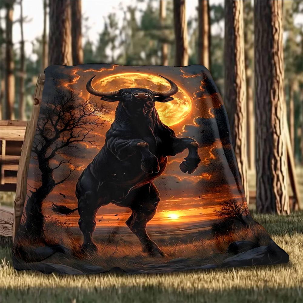 1pc Bull Sunset Landscape Throw Blanket Polyester Fiber, Lightweight Flannel, Soft & Warm, All Season Use for Outdoor, Camping Digital Print