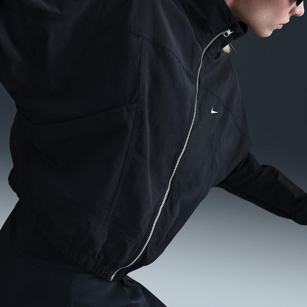 Nike Logo Printed Zip-Up Stand Collar Loose Short Sleeve Jacket Women jackets Black HJ0999-010