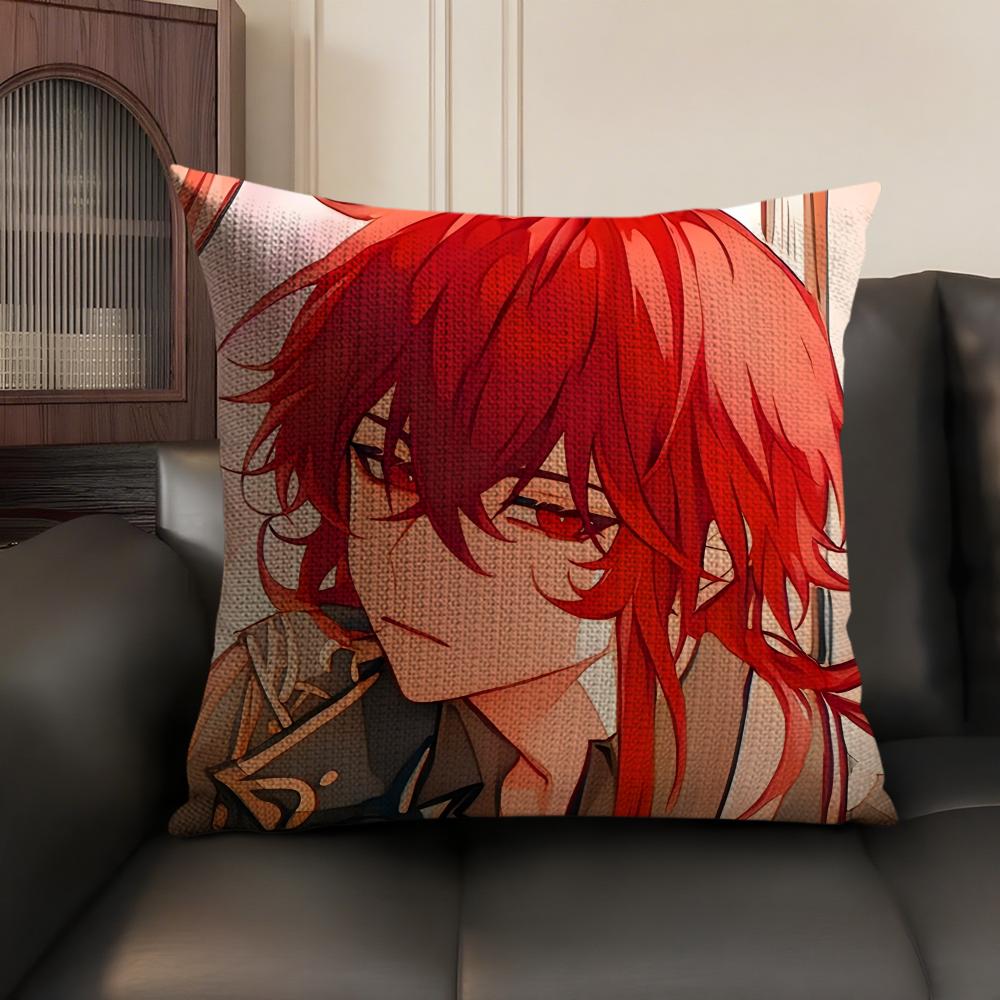 Diluc Cute Genshin Impact Cushion Cover Natural Linen Organic Fabric DoubleSided Printing Sofa Home Decor Gift Pillow Case