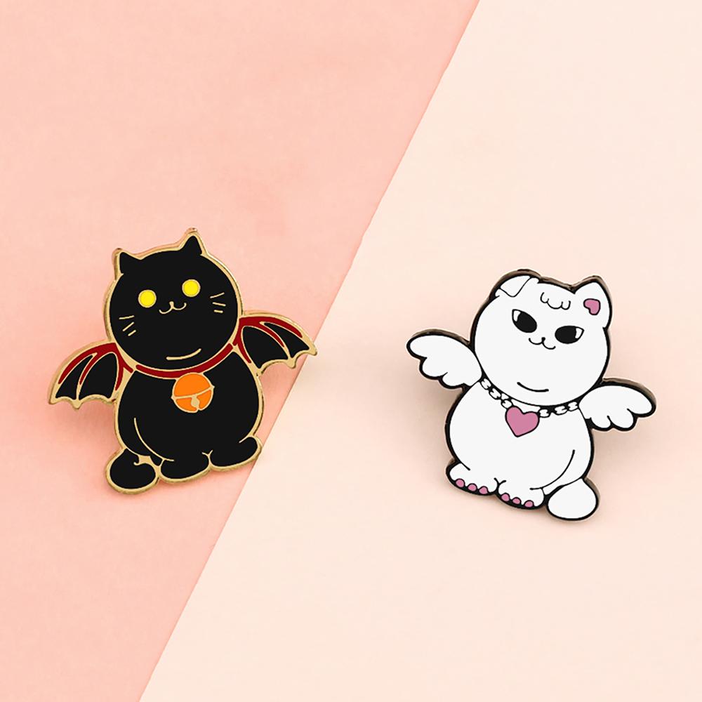 Lovely Angel Devil Cats Brooch White and Black Cartoon Cute Kitten with Wings Enamel Pin Bag Shirt Badge for Friends Couple Gift