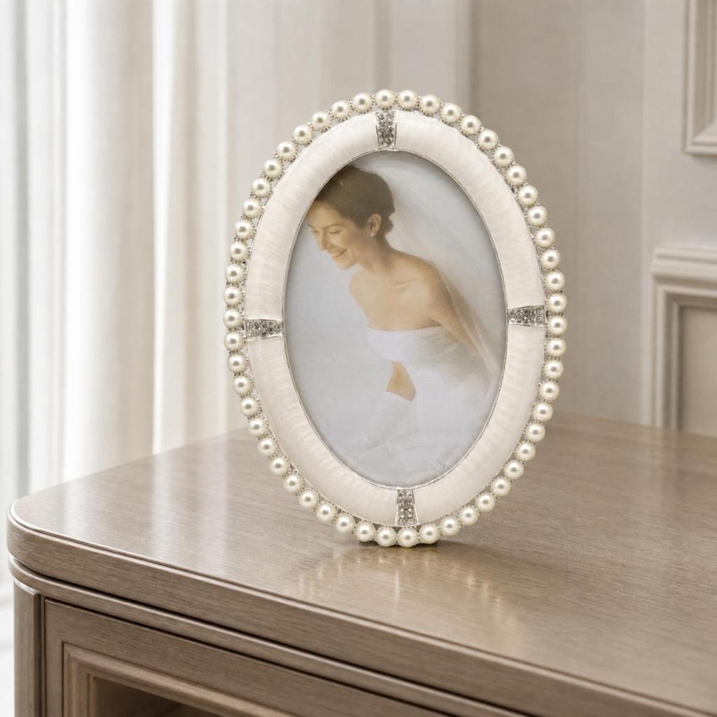 Oval Pearlized Silver Photo Frame with Jeweled Accents Elegant Metal Picture