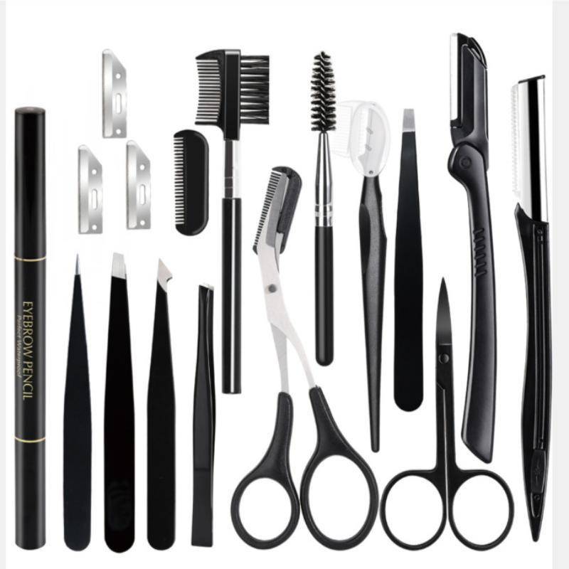 17Pcs Eyebrow Grooming Shaping Kit Safe Stainless Steel Tools with Portable Storage Bag for Home Daily Use