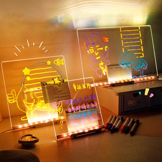 LED Acrylic Dry-Erase Board with 7 Pens Stand Reusable Kids Adults Students Glowing Light-up Clear Acrylic Memo Note Message Writing Board for Office