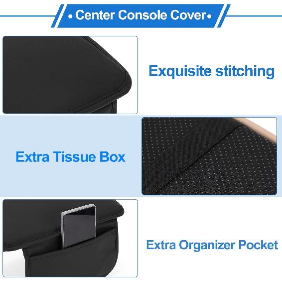 Center Console Cushion Pad with Storage Pockets 12.2"x7.87" Center Console Cover Thin Armrest Seat Box Cover Faux Leather Black