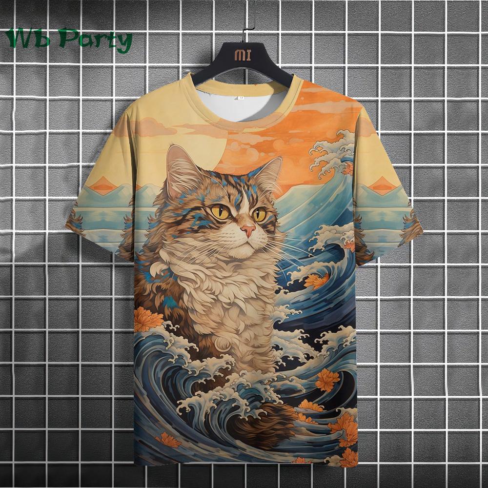 Vintage Cat Pattern Print Short Sleeve T-shirts Man Cat Print Custom T Shirt Vintage Shirts Graphic Tee Men's Summer Clothes Tee